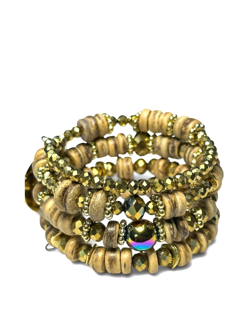 Handcrafted Wood & Gold Memory Wire Wrap Bracelet Boss Babe Charm - Picture 2 of 8